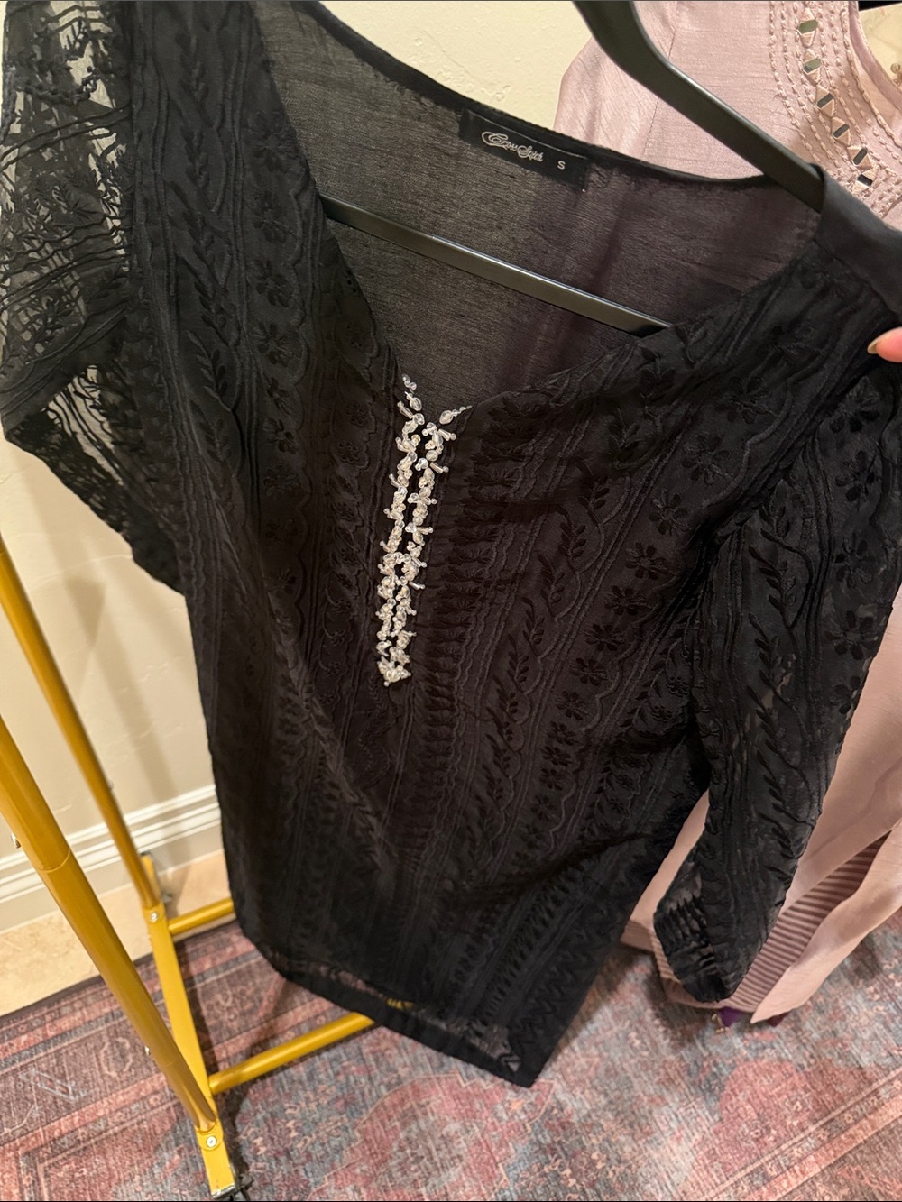 Black Embroidered Tunic Dress with Beaded Detail